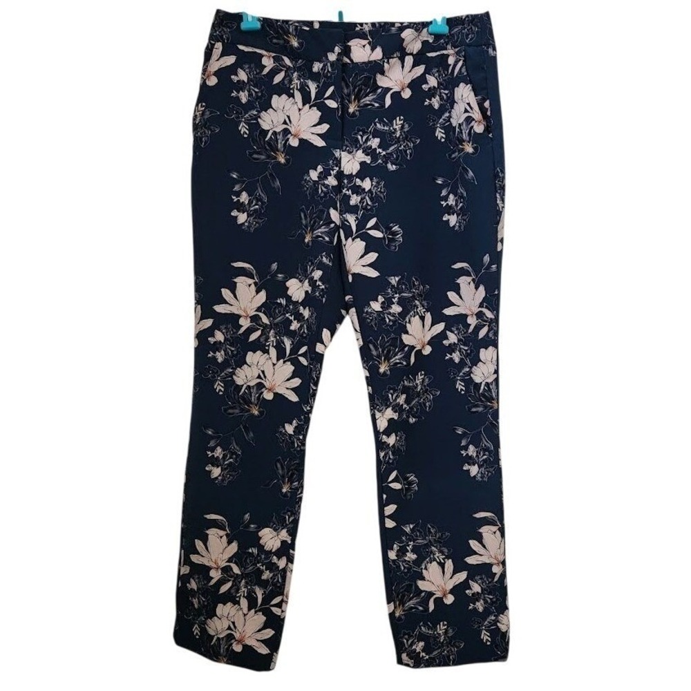 Cynthia Rowley Navy Floral Print Straight Leg Ankle‎ Pants Women's Size 8 F37